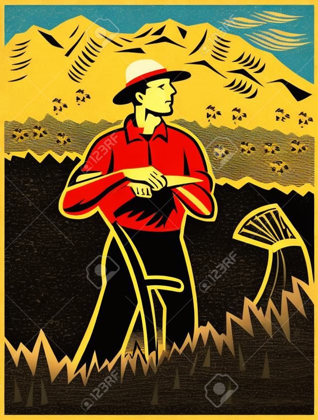 Ilustración de un agricultor de pie con la guadaña en campo de trigo mirando al lado con las montañas en el fondo hecho en estilo retro grabado en madera.