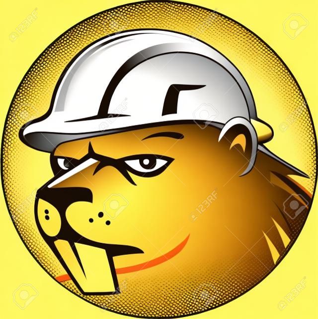 Illustration of a beaver construction worker wearing hard hat set inside circle on isolated background done in cartoon style.