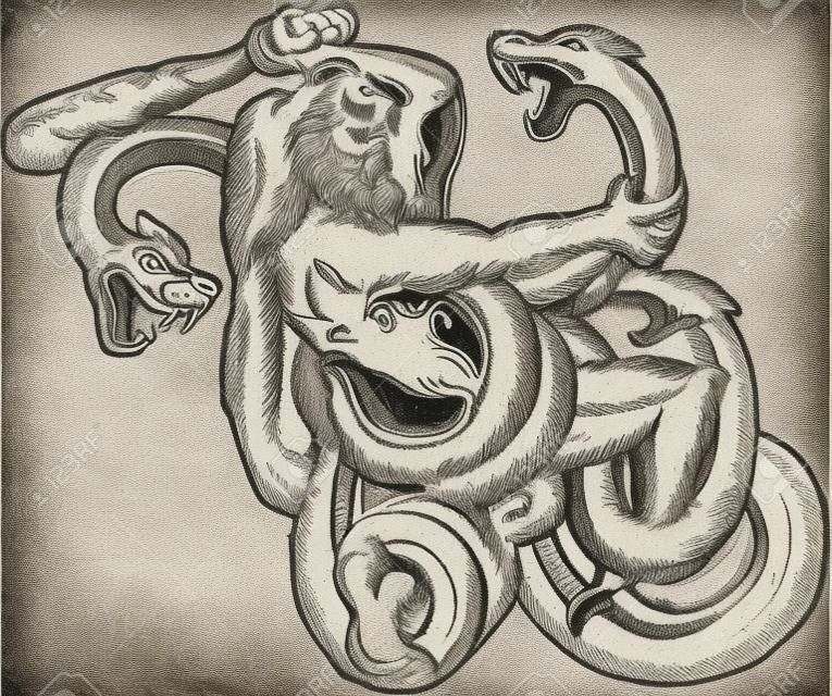 蚀刻版画手工风格的插图或希腊神话中的大力神赫拉克勒斯穿狮皮头打九头蛇许德拉或三头蛇在孤立的白色背景