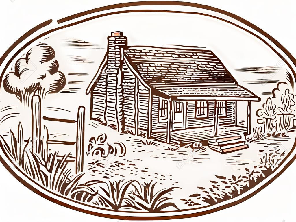 Trawienie grawerowanie ręcznie ilustracja stylu wiejskim domu chatce z dymu wychodzi z komina ustawić wewnątrz owalu z drzew i roślin w tle.