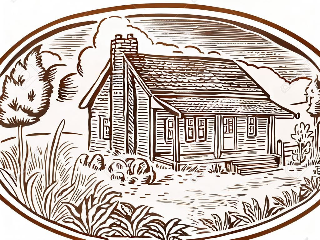 Gravure illustration de style de main de gravure d'une maison de ferme en bois rond avec de la fumée sortant de la cheminée située au sein forme ovale avec des arbres et des plantes dans l'arrière-plan.