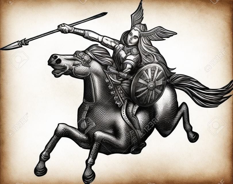 Grabado ilustración de estilo artesanal Aguafuerte de valkyrie de la mitología nórdica amazon femenina jinete guerrero montando a caballo con lanza fijó en el fondo blanco aislado.