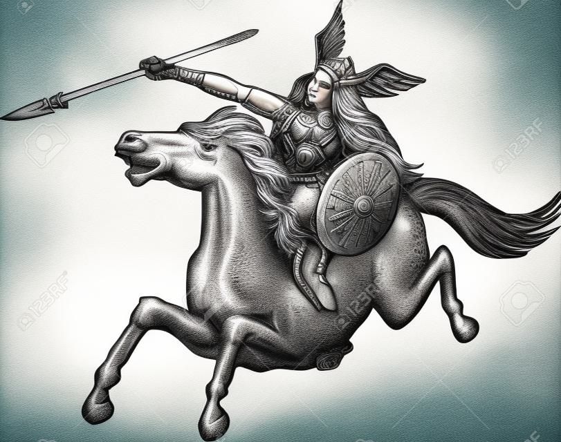 Grabado ilustración de estilo artesanal Aguafuerte de valkyrie de la mitología nórdica amazon femenina jinete guerrero montando a caballo con lanza fijó en el fondo blanco aislado.