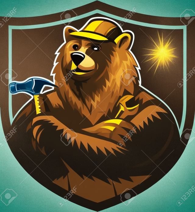 Illustration of a builder handyman Russian bear or Eurasian brown bear wearing hat arms folded with tools hammer and wrench