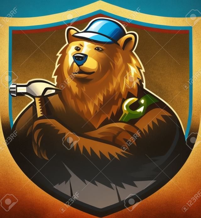 Illustration of a builder handyman Russian bear or Eurasian brown bear wearing hat arms folded with tools hammer and wrench