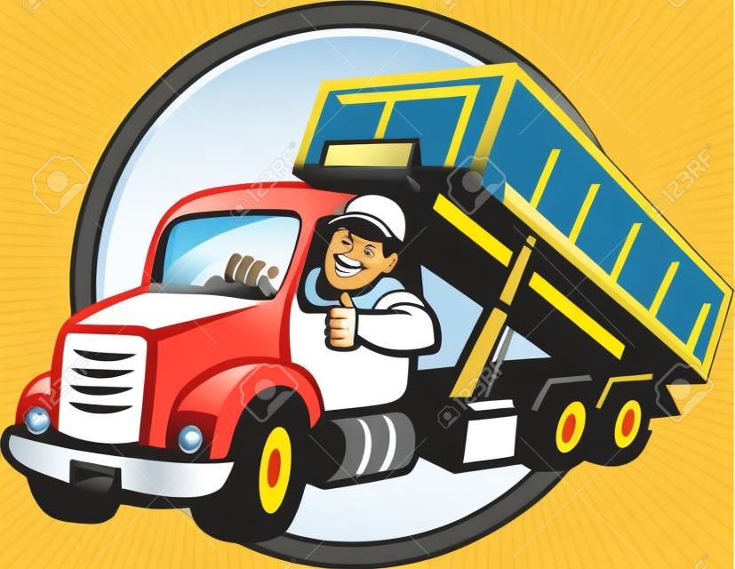 Ilustración de un conductor de camión de basura roll-off sonriendo con los pulgares arriba visto desde el conjunto frontal dentro del círculo hecho en estilo de dibujos animados.