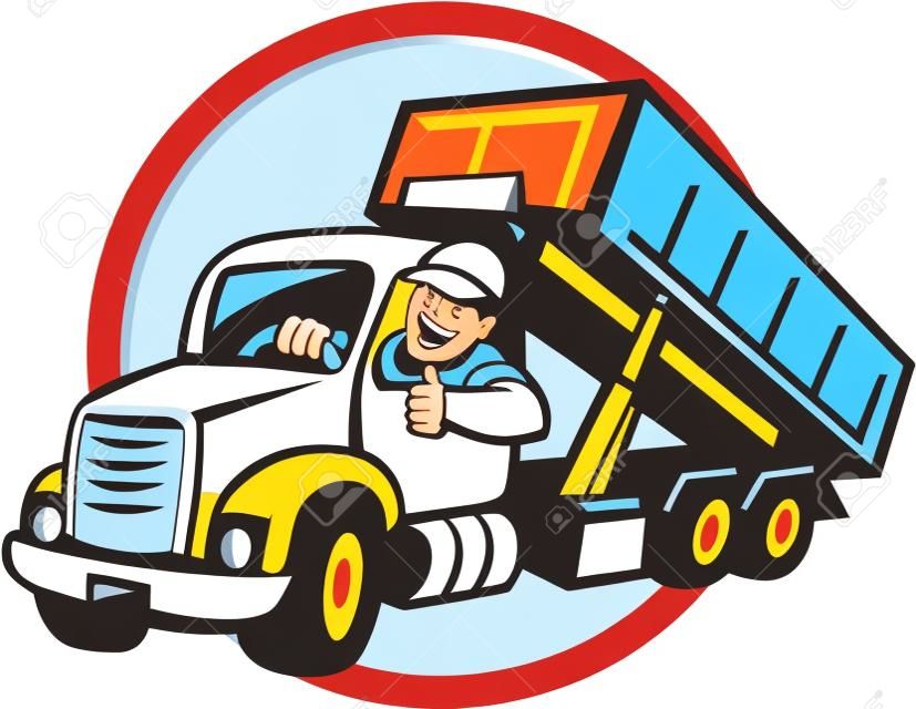 一個滾動的貨車司機微笑的拇指的插圖從前面設置的內部圓圈做的卡通風格。