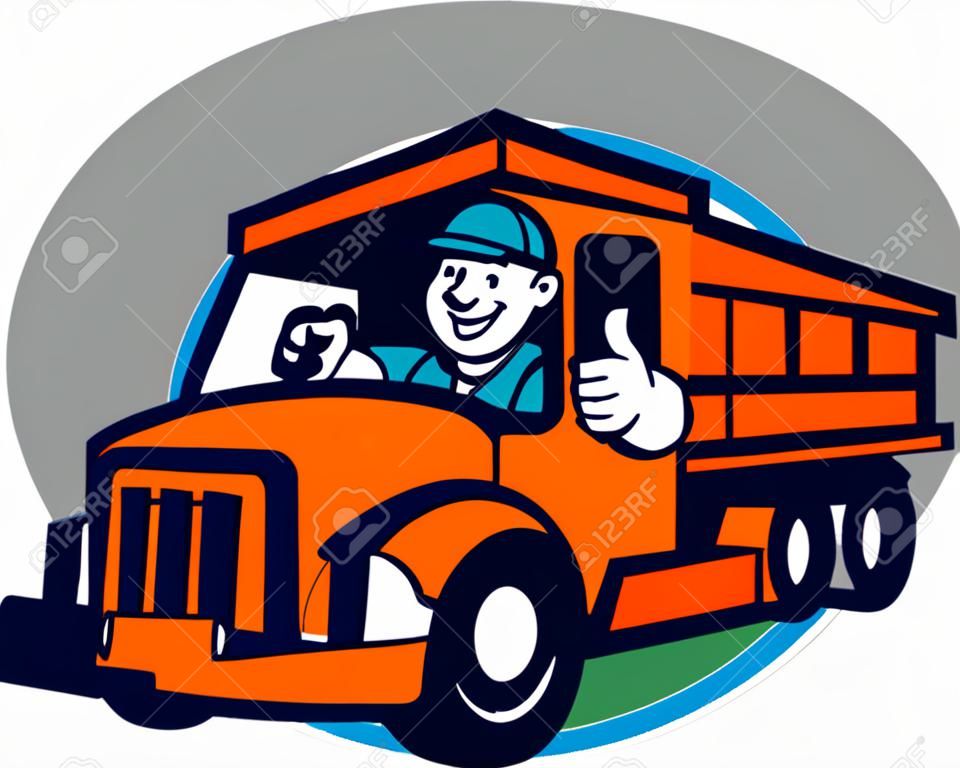 Illustratie van een dump vrachtwagenchauffeur glimlachen en rijden met duimen ingesteld binnen cirkel op geïsoleerde achtergrond gedaan in cartoon stijl.