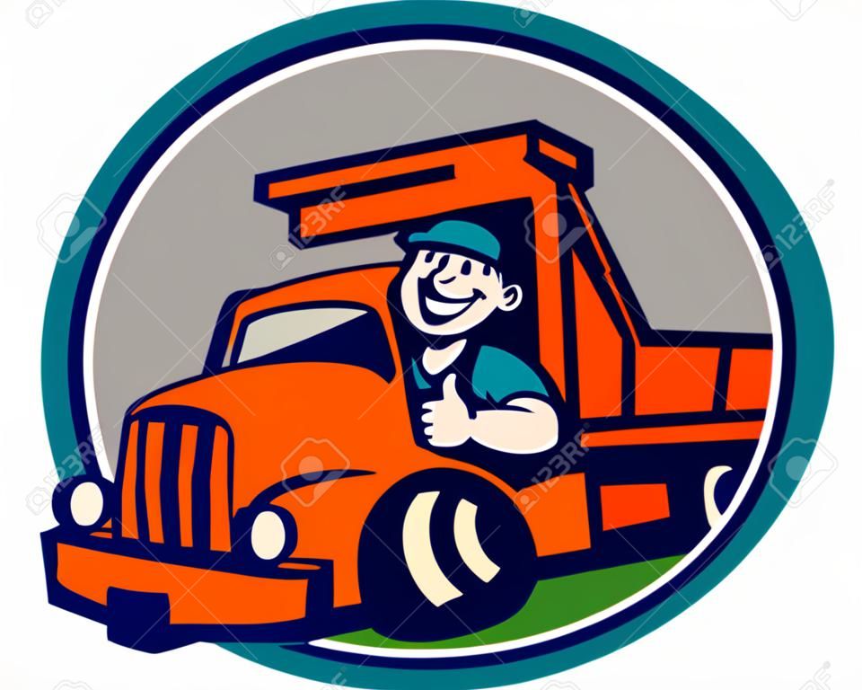 Illustratie van een dump vrachtwagenchauffeur glimlachen en rijden met duimen ingesteld binnen cirkel op geïsoleerde achtergrond gedaan in cartoon stijl.