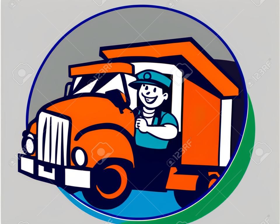 gülümseyen ve yukarı karikatür tarzında yapılan izole arka plan üzerinde daire içinde ayarlanmış başparmak ile sürüş bir damperli kamyon sürücüsü İllüstrasyon.