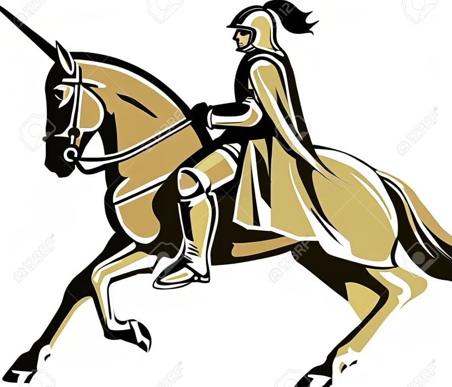 Illustration of knight in full armor with lance riding horse steed viewed from the side set on isolated white background done in retro style.
