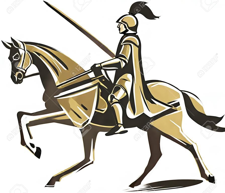 Illustration of knight in full armor with lance riding horse steed viewed from the side set on isolated white background done in retro style.