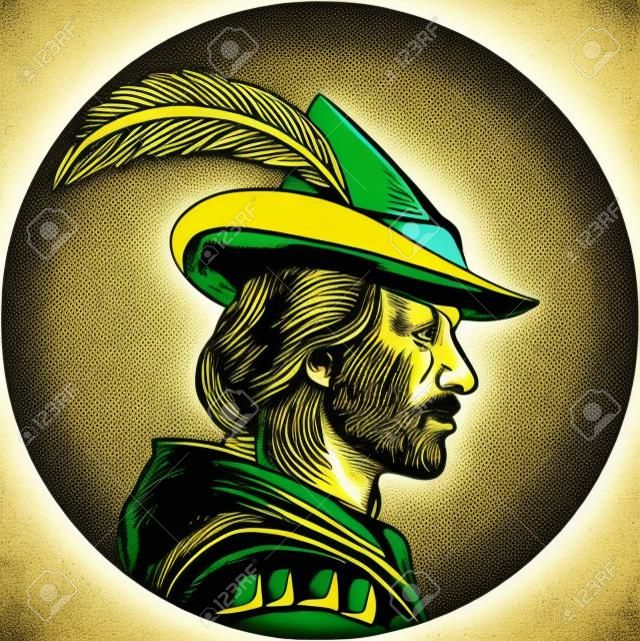 Illustration of a Robin Hood wearing medieval hat with a pointed brim and feather viewed from side set inside circle done in retro woodcut style.