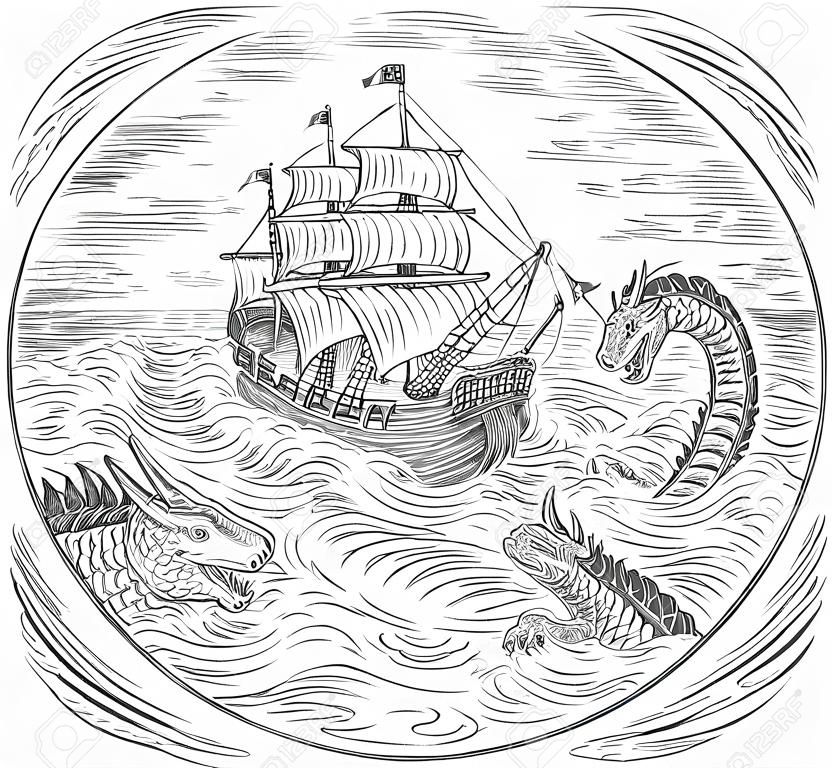 Zeichnung Skizze Stil Illustration eines großen Schiff Segeln in turbulenten Ozean Meer mit Schlangen und See Drachen um Set innerhalb Kreis in schwarz und weiß getan.