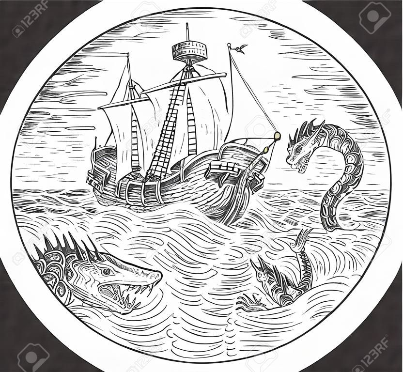 Drawing sketch style illustration of a tall ship sailing in turbulent ocean sea with serpents and sea dragons around set inside circle done in black and white.