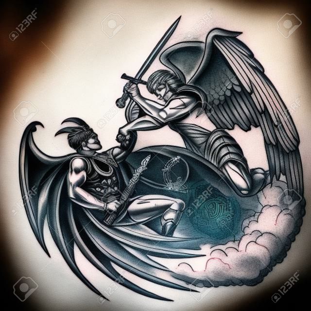 Tattoo style illustration of Saint Michael the Archangel Angel Fighting with a Demon over Earth World done in hand drawn sketch Tattoo style.
