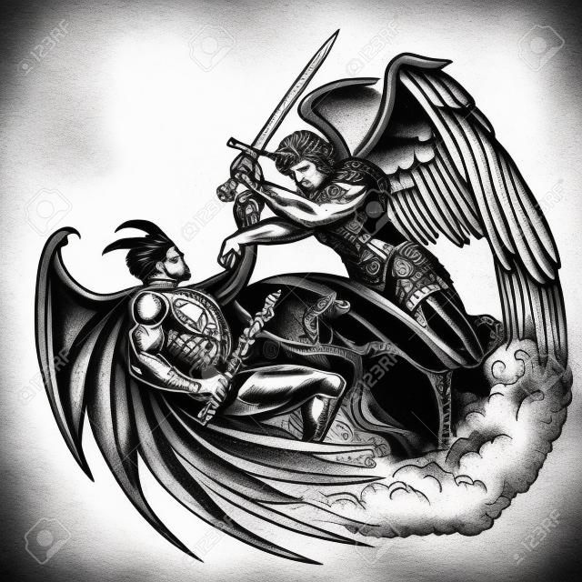 Illustrazione di stile tatuaggio di San Michele Arcangelo Angelo Combattere con un demone su terra Mondo fatto in disegno disegnato a mano Stile tatuaggio.