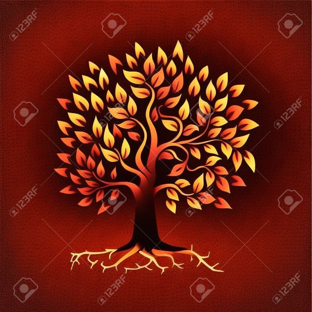 Retro style illustration of a stylized oak tree with roots on isolated background.