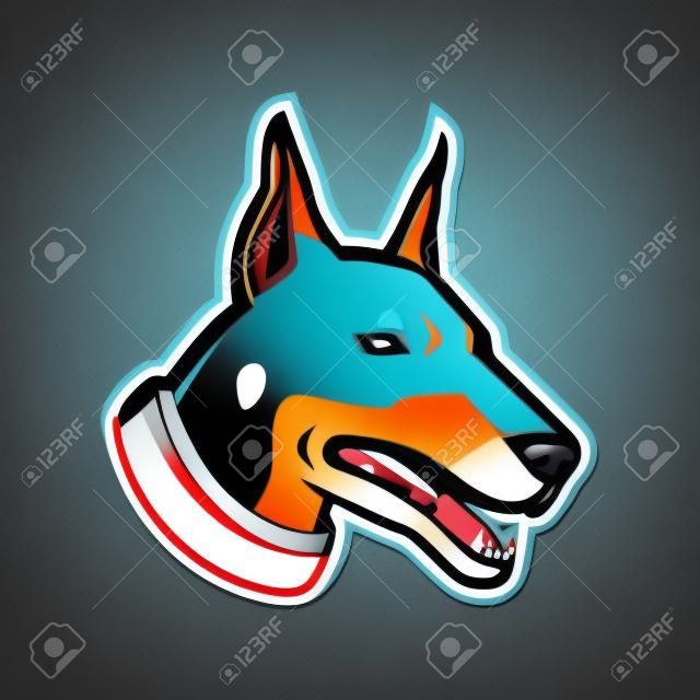 Icona mascotte illustrazione della testa di un Dobermann o Doberman Pinscher, una razza medio-grande di cane domestico originariamente sviluppato come cane da guardia su sfondo isolato in stile retrò.