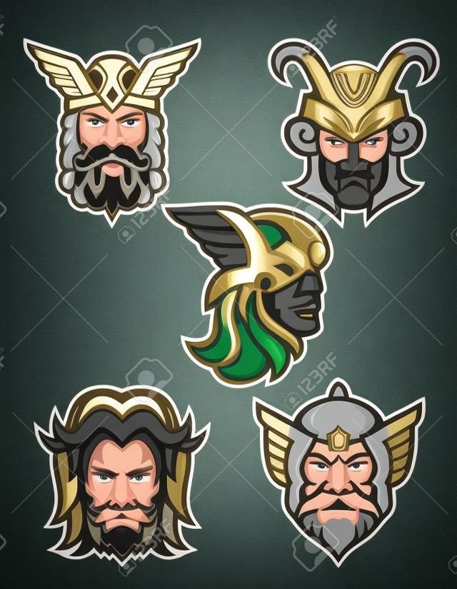 Mascot icon illustration set of heads of Norse gods such as Odin, Wodan, Woden or Wotangod, Loki, valkyrie warrior, Baldr, Balder or Baldur and Thor   on isolated background in retro style.