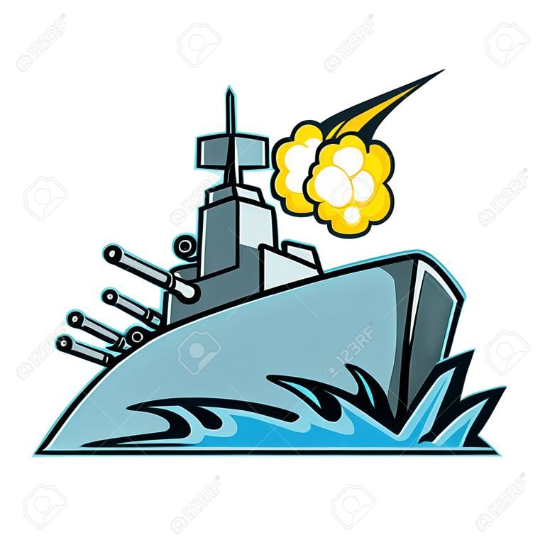Icona della mascotte illustrazione di un cacciatorpediniere americano, nave da guerra o corazzata con cannoni che sparano visto da un angolo basso su sfondo isolato in stile retrò.