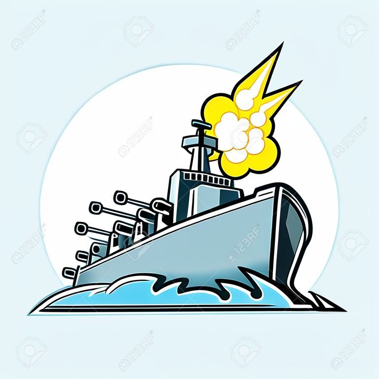 Иллюстрация значка талисмана американского эсминца, военного корабля или линкора с пушками, стреляющими под низким углом на изолированном фоне в стиле ретро.