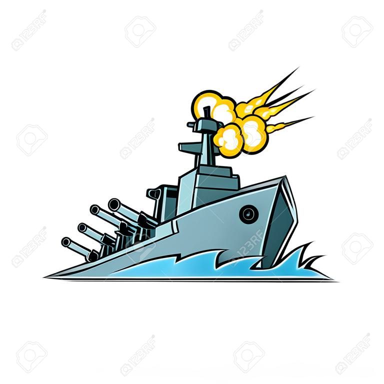 Ilustración del icono de la mascota de un destructor, buque de guerra o acorazado estadounidense con cañones disparando visto desde un ángulo bajo sobre fondo aislado en estilo retro.