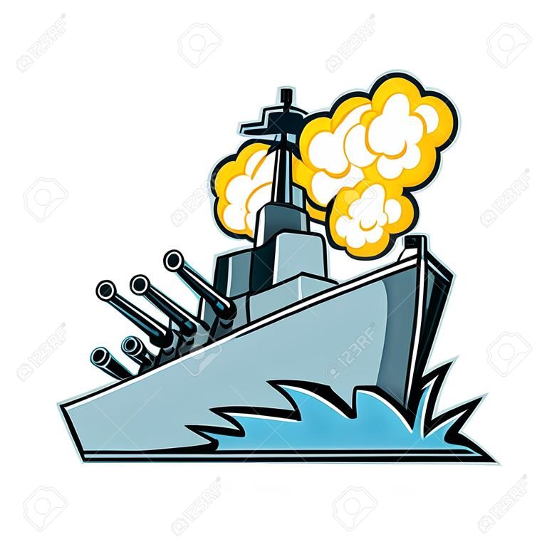 Ikona maskotka ilustracja amerykańskiego niszczyciela, okrętu wojennego lub pancernika z strzelającymi armatami, patrząc z niskiego kąta na na białym tle w stylu retro.
