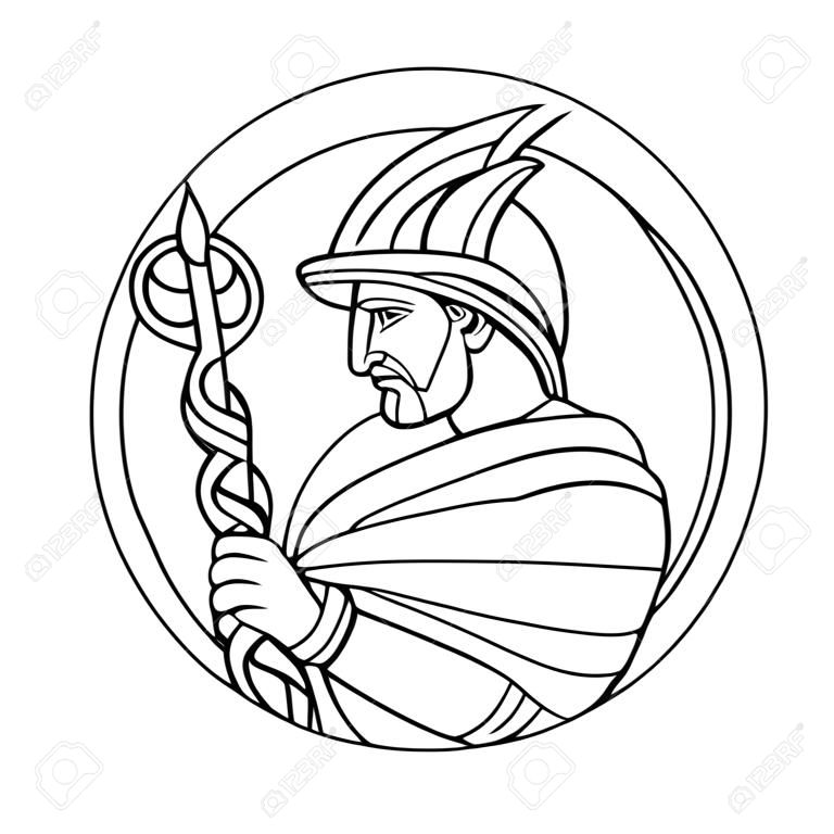 Mosaic low polygon style illustration of Mercury, Roman god of shopkeepers, merchants, travelers, transporters  thieves and tricksters or in Greek mythology, messenger of gods black and white.