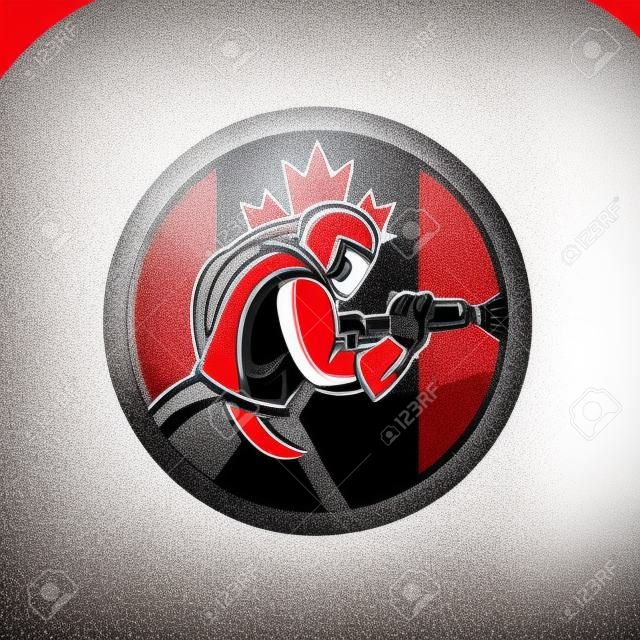 Icône mascotte illustration d'un sablage canadien ou d'un sablage au jet d'abrasif vu du côté situé à l'intérieur du cercle avec le drapeau du Canada sur fond isolé dans un style rétro.