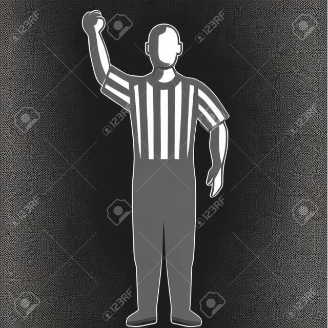 Black and white illustration of a basketball referee or official with hand signal showing stop clock for foul viewed from front on isolated background done retro style.
