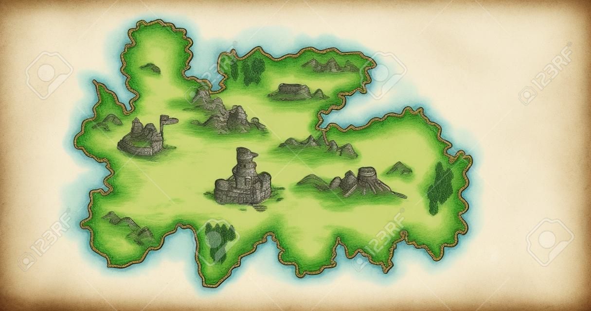 Retro style sketch drawing of a vintage medieval fantasy map of an island on isolated white background.