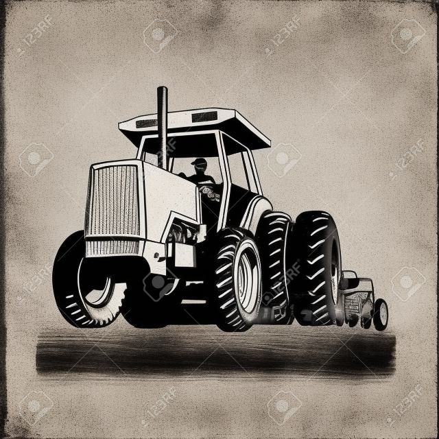 Retro style illustration of farm tractor pulling a plow or plough while plowing viewed from front on low angle on isolated background done in black and white.