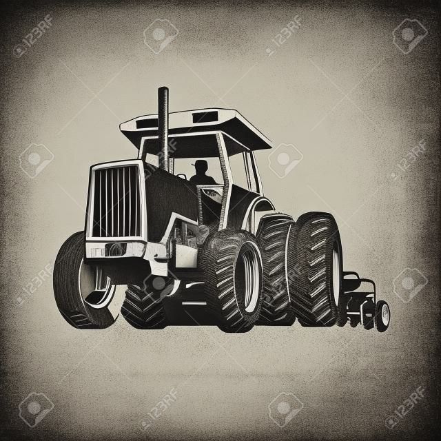 Retro style illustration of farm tractor pulling a plow or plough while plowing viewed from front on low angle on isolated background done in black and white.