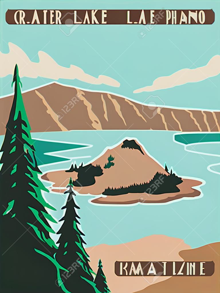 WPA poster art of Crater Lake National Park, a crater lake with Wizard Island and Phantom Ship in Klamath County, Oregon United States in works project administration or federal art project style.