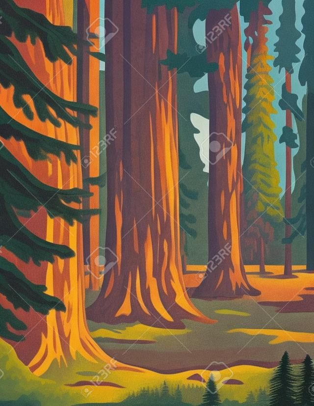 WPA poster art of the Sequoia National Park, an American national park in southern Sierra Nevada east of Visalia, California, United States in works project administration federal art project style.