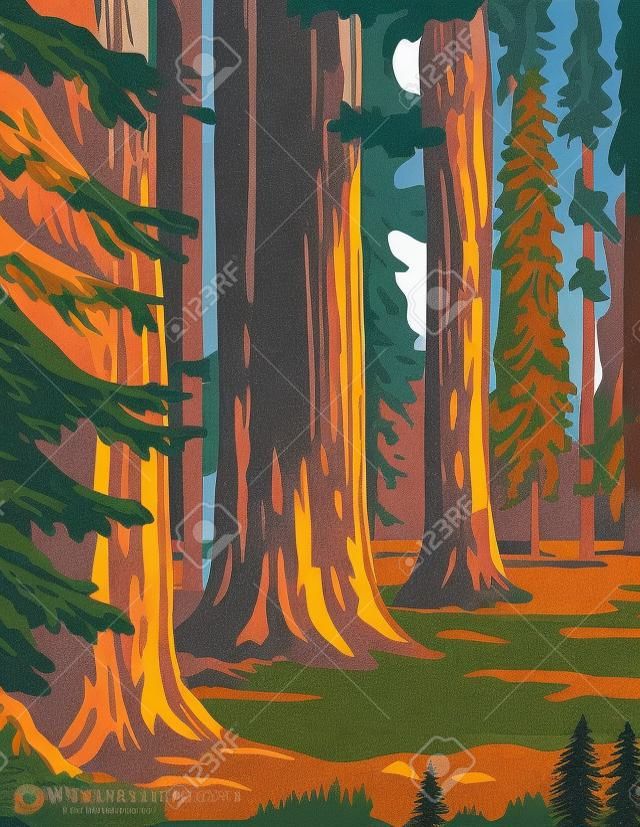 WPA poster art of the Sequoia National Park, an American national park in southern Sierra Nevada east of Visalia, California, United States in works project administration federal art project style.