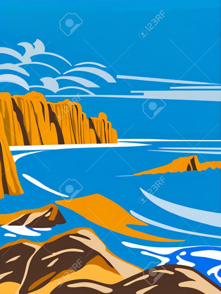 Art Deco or WPA poster of Logan Rock on Treen Cliff in Cornwall, England, UK done in works project administration style.