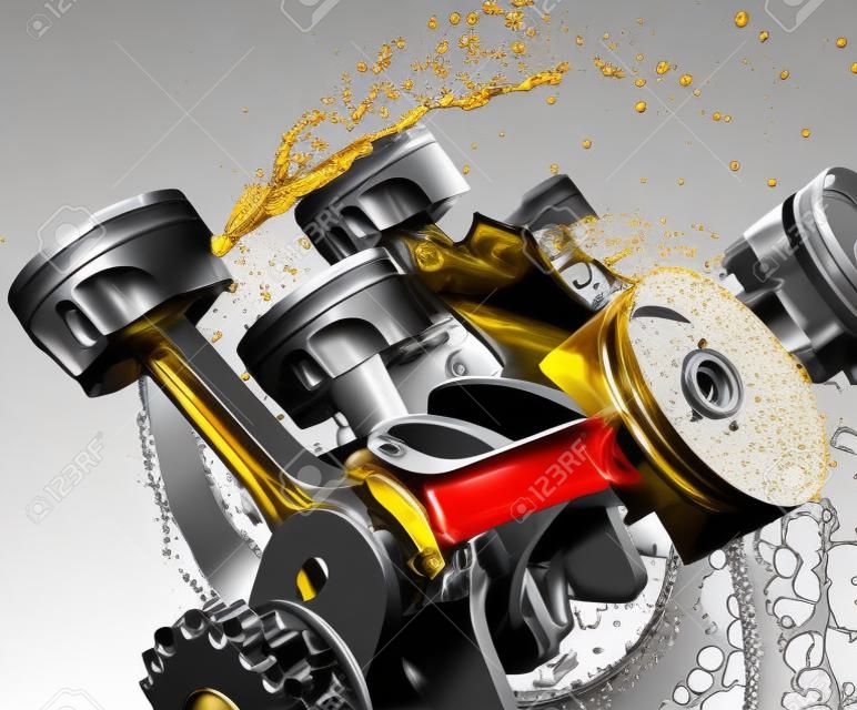illustrazione 3d del motore dell'auto con olio lubrificante. componenti del motore dell'auto con schizzi di olio su sfondo bianco. Concetto di olio motore.