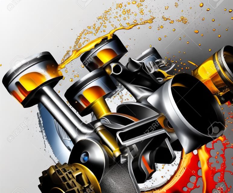 3D-Darstellung des Automotors mit Schmieröl. Automotorkomponenten mit Ölspritzern auf weißem Hintergrund. Motorölkonzept.