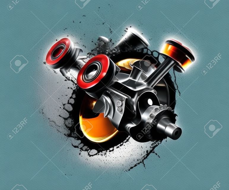 3d illustratie van auto motor met smeerolie. auto motor onderdelen met spatten van olie op witte achtergrond. Motor olie concept.