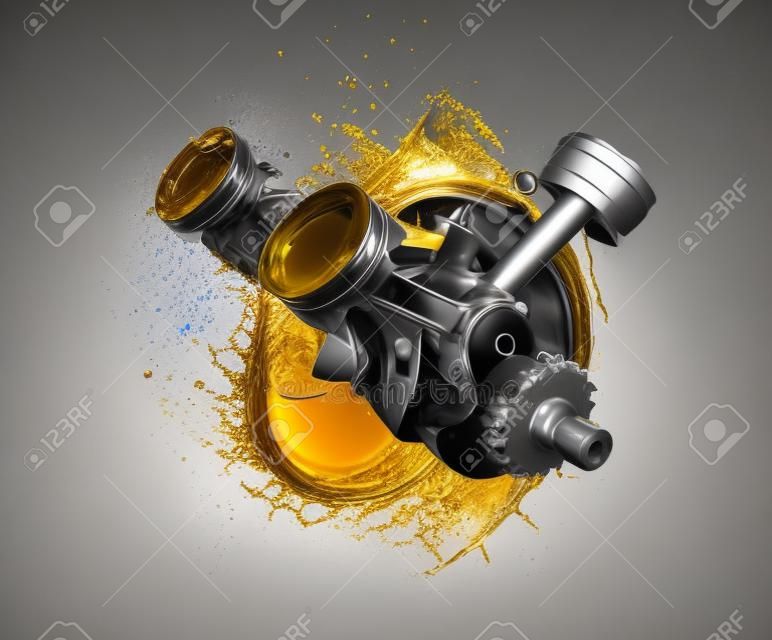 3d illustratie van auto motor met smeerolie. auto motor onderdelen met spatten van olie op witte achtergrond. Motor olie concept.