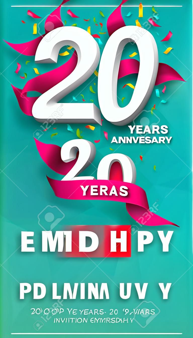 20 jaar jubileum uitnodiging kaart of embleem - viering sjabloon ontwerp, 20e verjaardag moderne design elementen met achtergrond veelhoek en roze lint - vector illustratie.