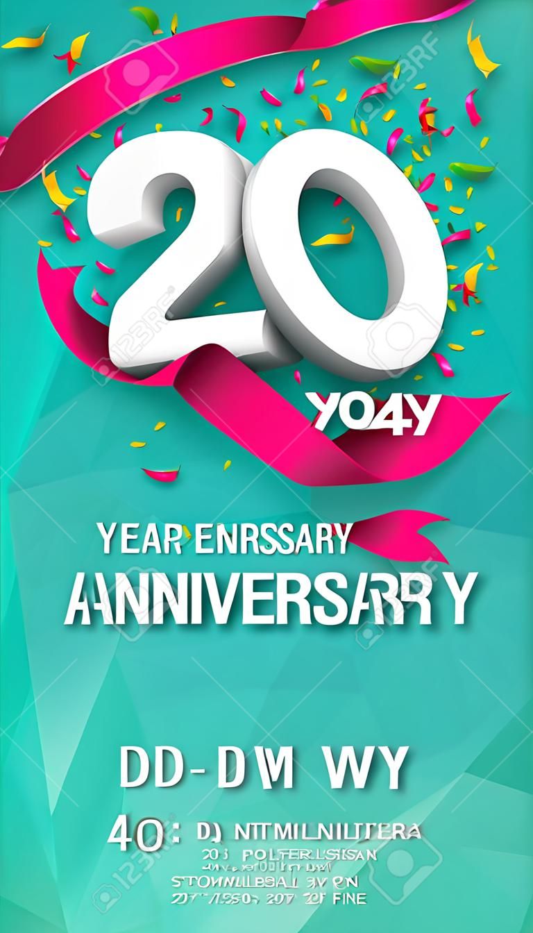 20 jaar jubileum uitnodiging kaart of embleem - viering sjabloon ontwerp, 20e verjaardag moderne design elementen met achtergrond veelhoek en roze lint - vector illustratie.
