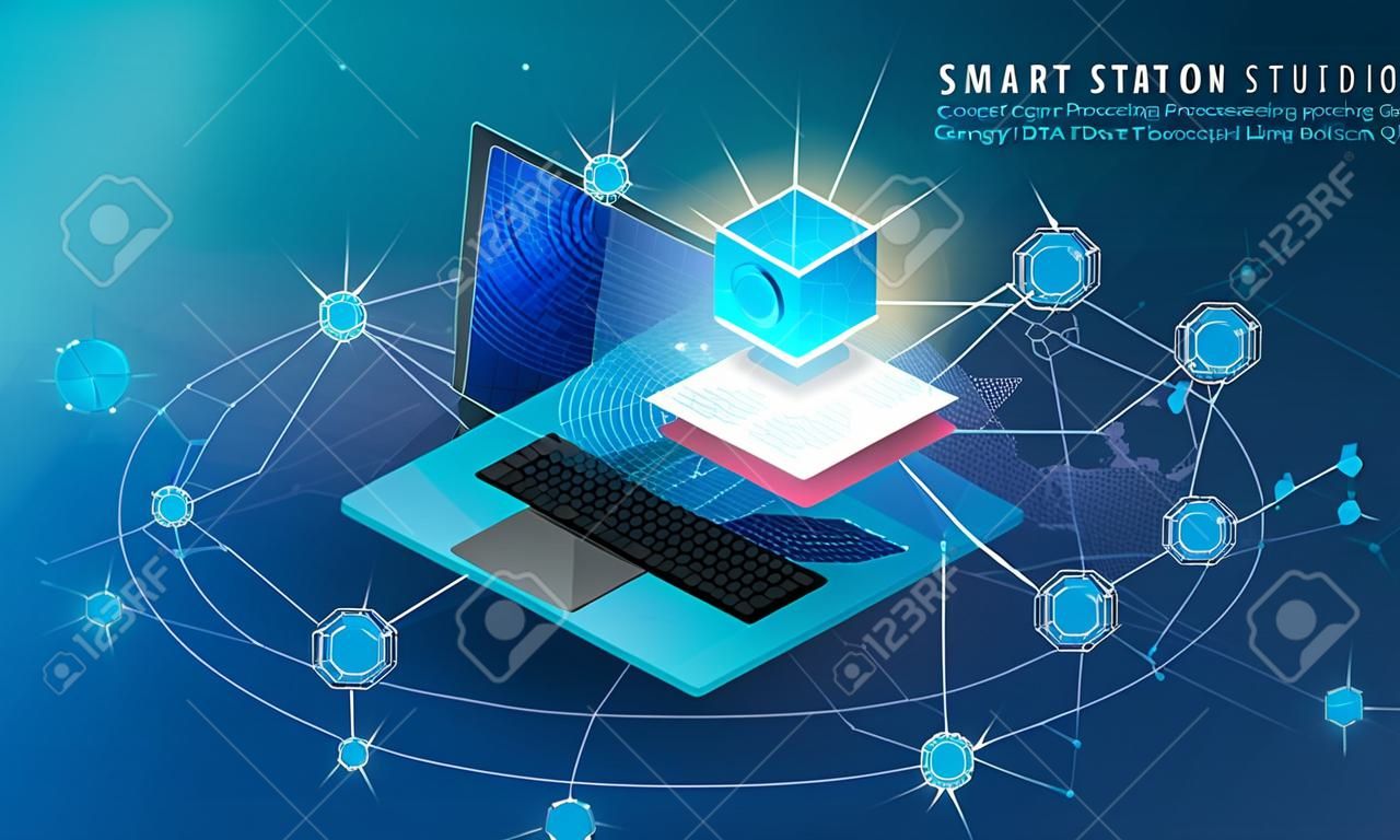 Concept of big data processing, energy station of future, data center, Cryptocurrency and blockchain isometric composition Smart object and smart technology design. for working on blockchain start up.