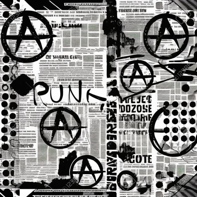 Senza soluzione di continuità di fondo del modello. Giornale Grunge con la parola punk e simboli anarchia.