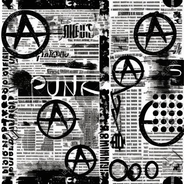 Modelo inconsútil del fondo. Periódico de Grunge con la palabra Punk y símbolos anarquía.