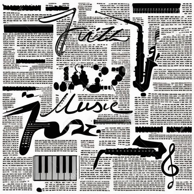 Seamless background pattern. Music jazz Newspaper. Text is unreadable.