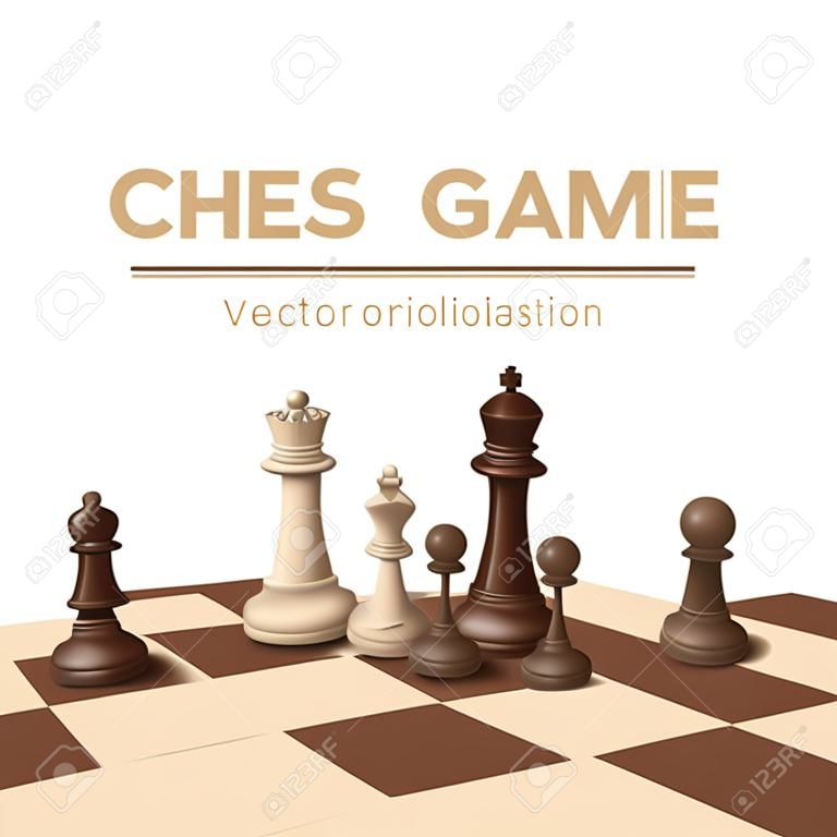 Ilustración de diseño de vector de piezas de juego de ajedrez 3d aislado sobre fondo blanco