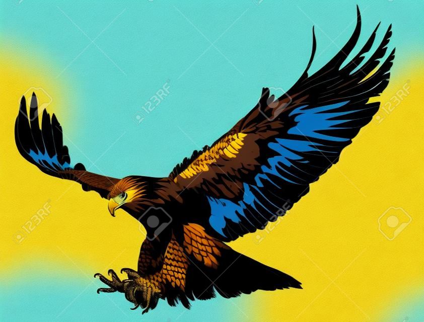 Goldener Adler fliegen Swoop und Lackfarbe auf blauem Hintergrund Illustration.